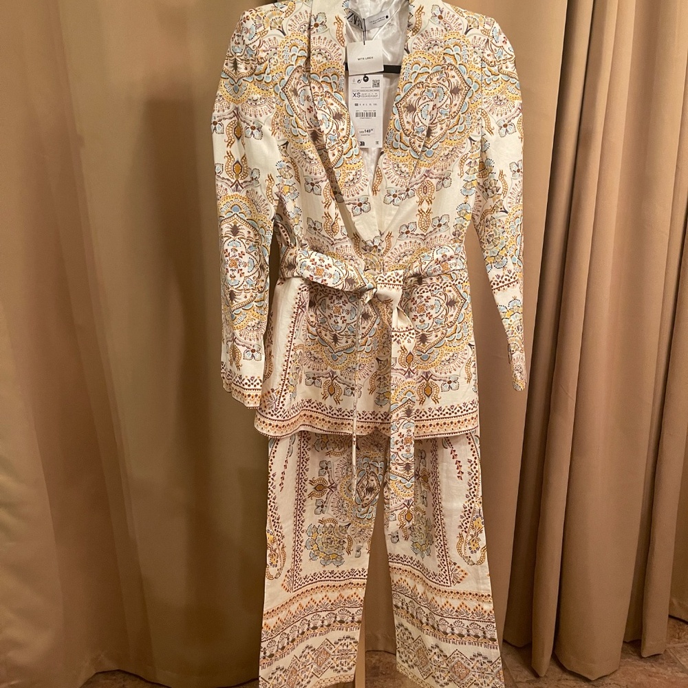 NEW! ZARA WOMAN PRINTED LINEN BLEND BLAZER + PANTS SET Size XS NWT! - Picture 6 of 15
